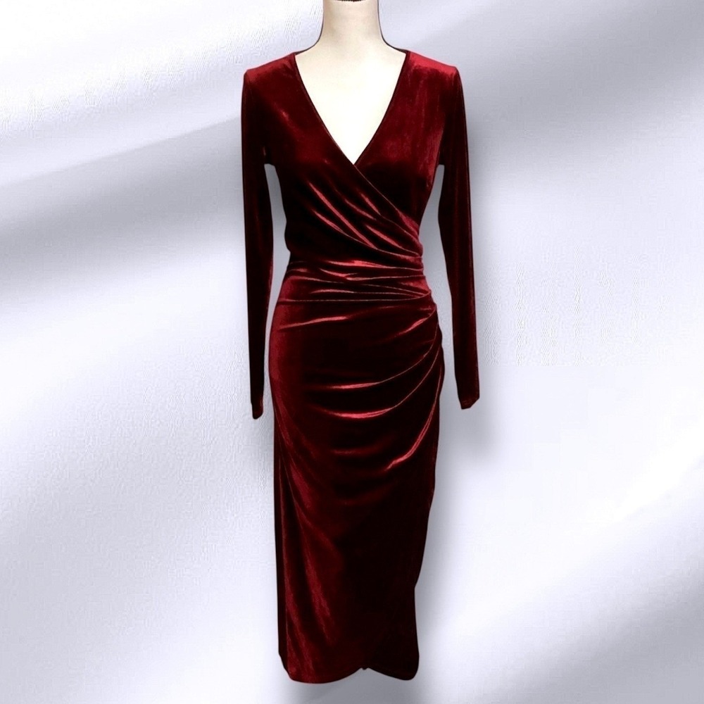 Dirass Velvet Vine Long Sleeve Red Midi Wrap Dress  Size Small